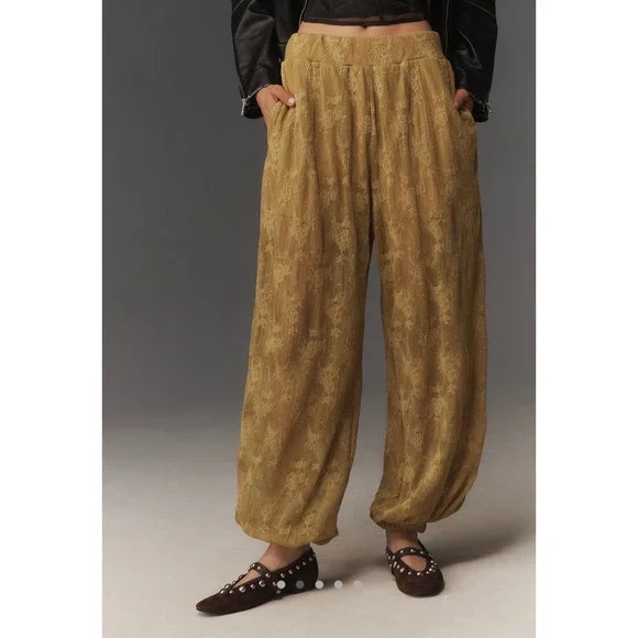 Anthropologie Maeve Floral Lace Harem Pants Mustard Gold Pleated Balloon Leg XS - Picture 1 of 5